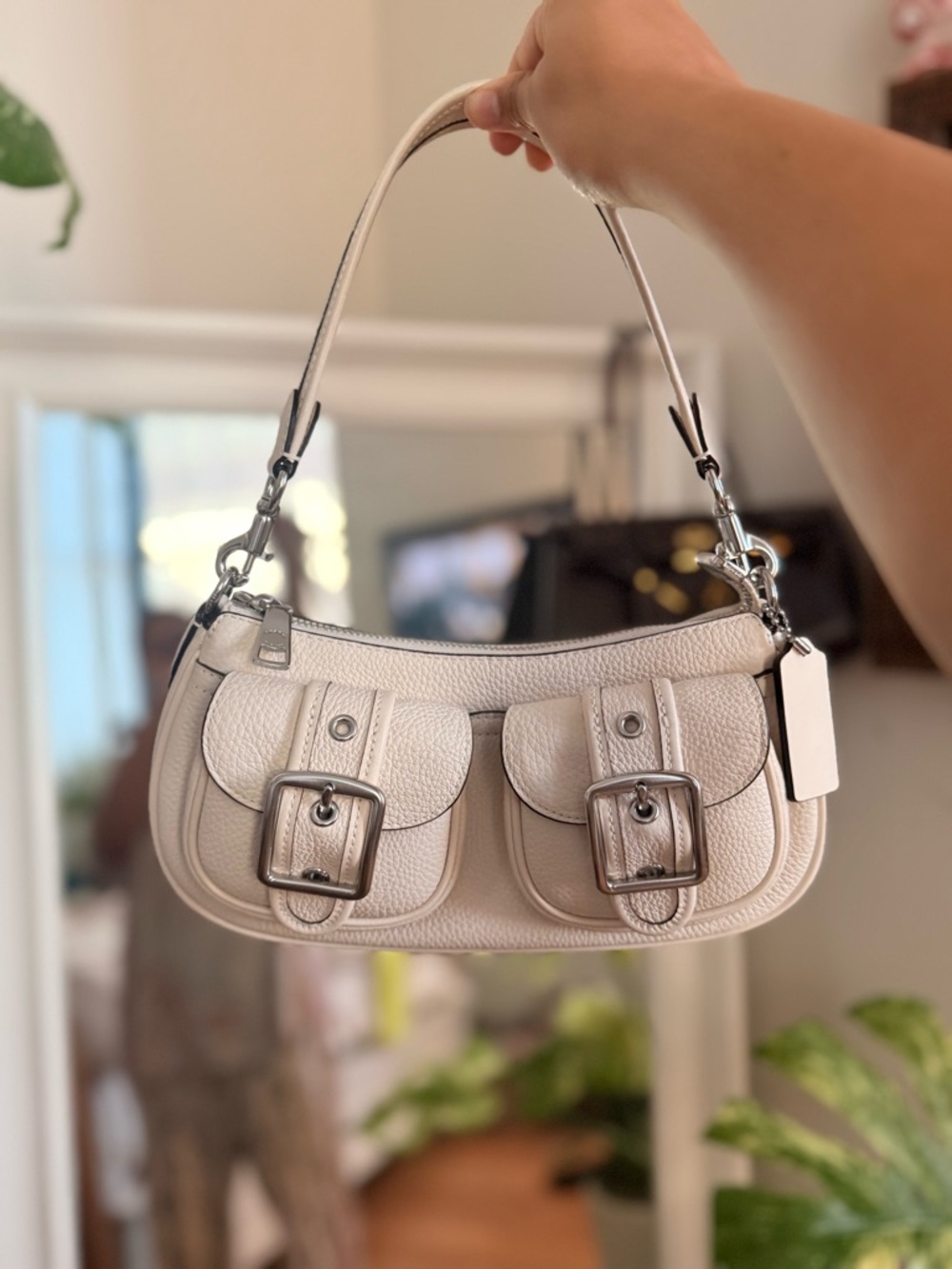 Coach Cream Pebble Leather Shoulder Bag with Double Buckle Pockets